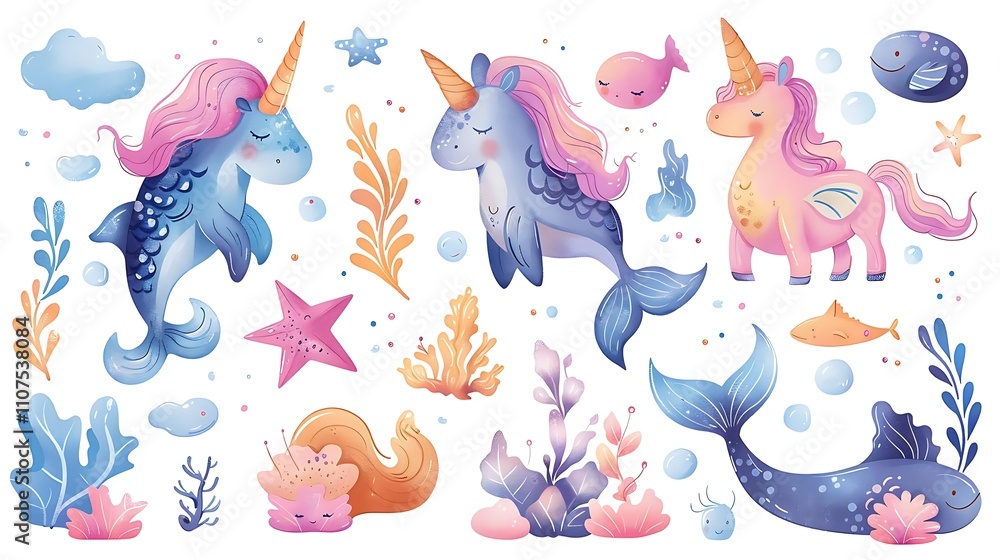 Fototapeta premium Cute watercolor unicorns, narwhals, sea elements, and fish illustration.