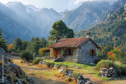 stone house in the mountains against the backdrop of majestic snow-capped peaks.  photo