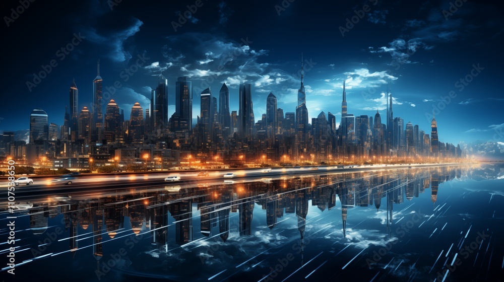 Obraz premium Smart digital city view with high speed light trail of cars of digital data transfer Smart digital city with high speed light trail of cars of digital data transfer .
