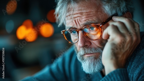 A mature man with gray hair and glasses, talking on the phone in a warm, softly lit environment. He appears focused and engaged in conversation. photo