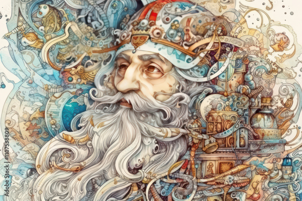 Fototapeta premium portrait of an old man with a long gray beard and thick hair, wearing a decorated helmet or crown. 
