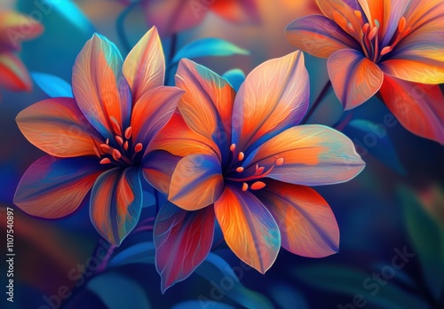 Vibrant Abstract Floral Art with Colorful Lilies Displaying a Rich Palette of Blue, Orange, and Purple Shades for Home Decor or Artistic Inspiration photo