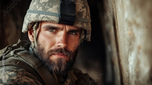 A powerful portrait of a soldier in a helmet, featuring an intense and determined expression, emphasizing his dedication and readiness for challenging duties. photo