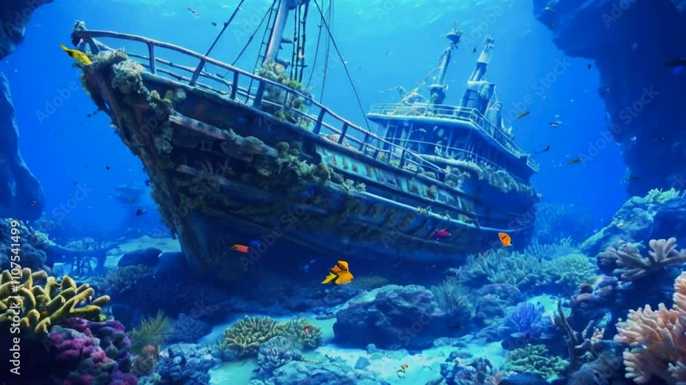 An underwater scene featuring a sunken ship surrounded by colorful fish and coral. An underwater scene featuring a sunken ship surrounded by colorful fish and coral.