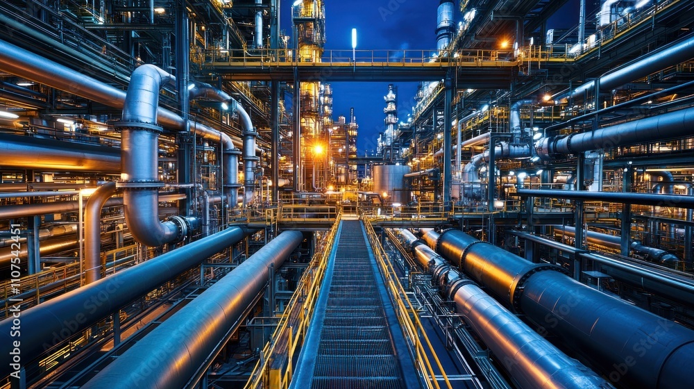 Industrial facility with pipes and infrastructure illuminated at night Industrial facility with pipes and infrastructure illuminated at night