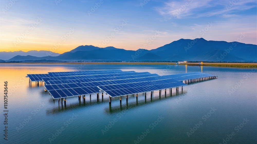 Fototapeta premium Expansive Solar Panels Installed Over Water During Sunset Surrounded by Scenic Mountains and Calm Waters Reflecting the Colorful Sky