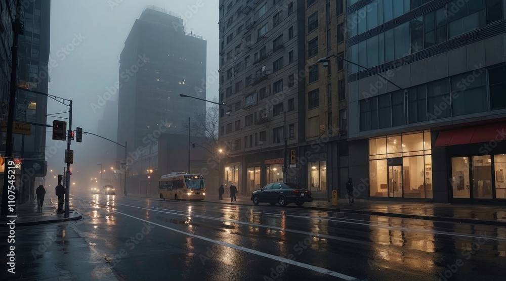 Obraz premium cinematic street view of a fog in the morning city