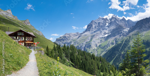 The Jungfrau paek in Bernese alps  over the alps meadows and little hotel in Hinteres Lauterbrunnental. photo