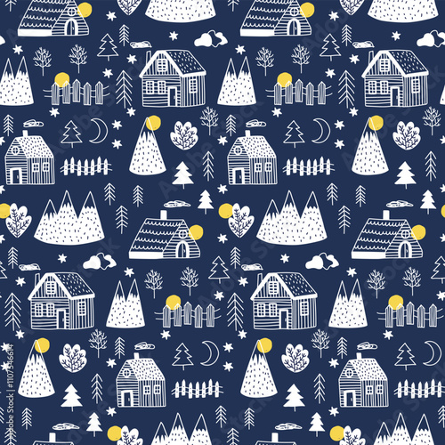 Scandinavian village winter doodle seamless vector pattern