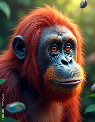 a very smooth orangutan face, red yellow green purple orange blue colors, lights and rays, colorful agate stones, falling green leaves, three-dimensional life