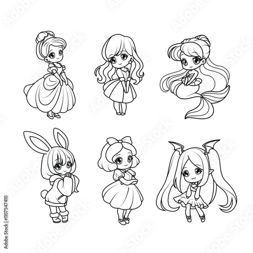 Adorable chibi girls with big eyes. Perfect black-and-white outline for coloring pages. Princess set. photo