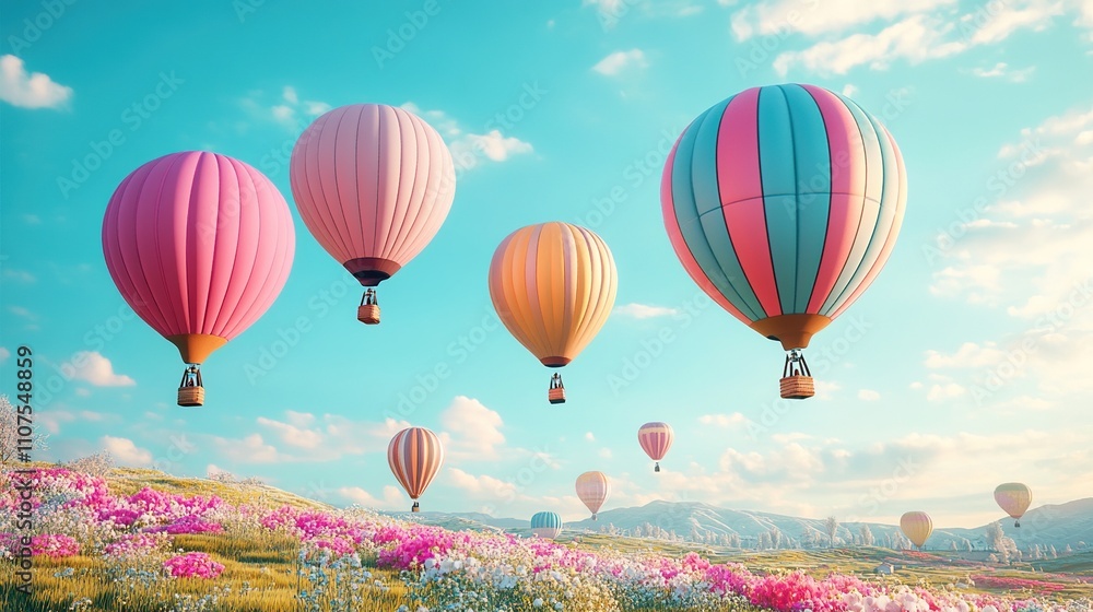 Obraz premium Colorful hot air balloons soaring over a vibrant flower-filled landscape under a blue sky.