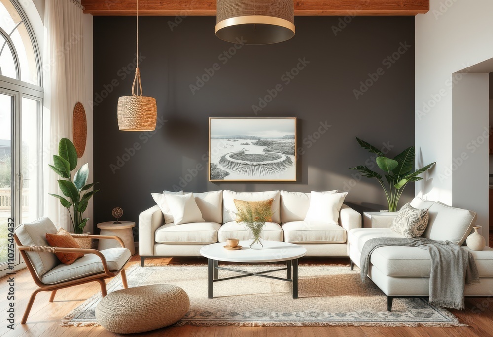 Fototapeta premium Elegant Modern Living Room Interior Design With Neutral Tones and Greenery