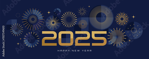 Happy New Year 2025 elegant greeting banner, card, cover with golden fireworks, numbers and geometric pattern on night background. Trendy design template