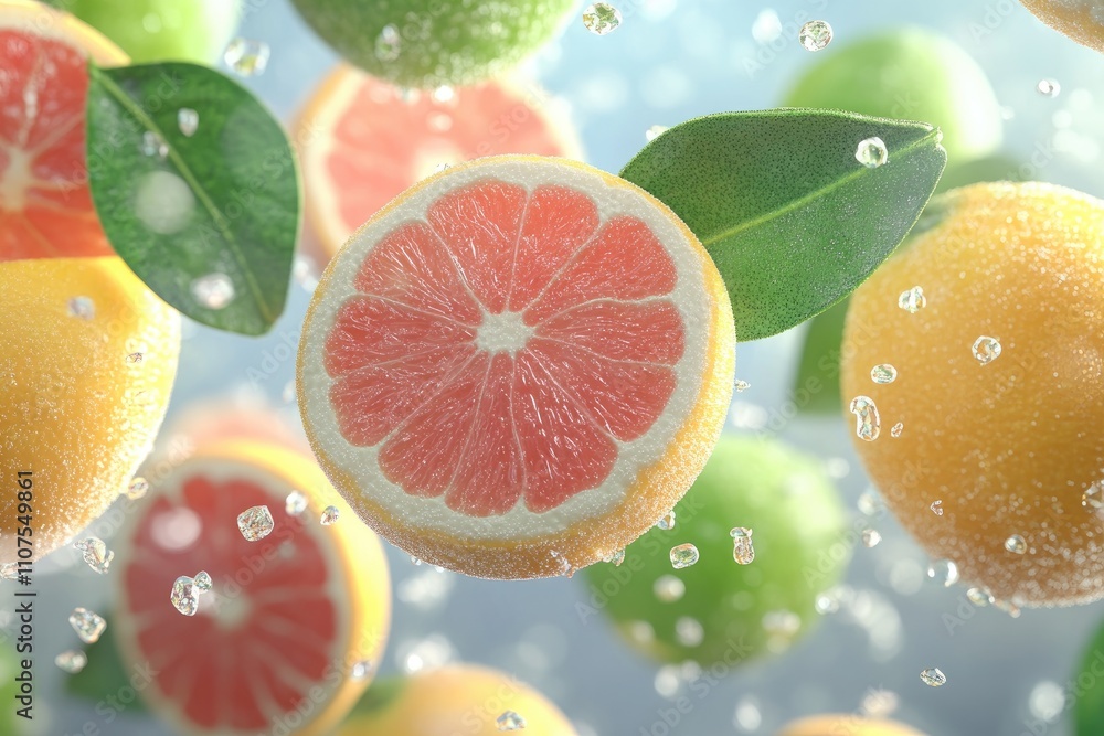 Fresh grapefruits, oranges and limes with leaves falling and splashing in water Fresh grapefruits, oranges and limes with leaves falling and splashing in water
