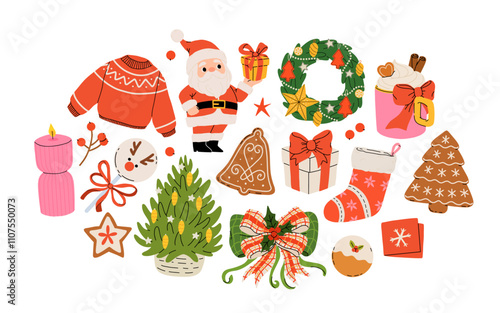 Cozy collection of Christmas and New Year items. Set of traditional winter symbols, elements and decorations christmas tree, wreath, mistletoe, candles, clothes and other. Colored flat illustration