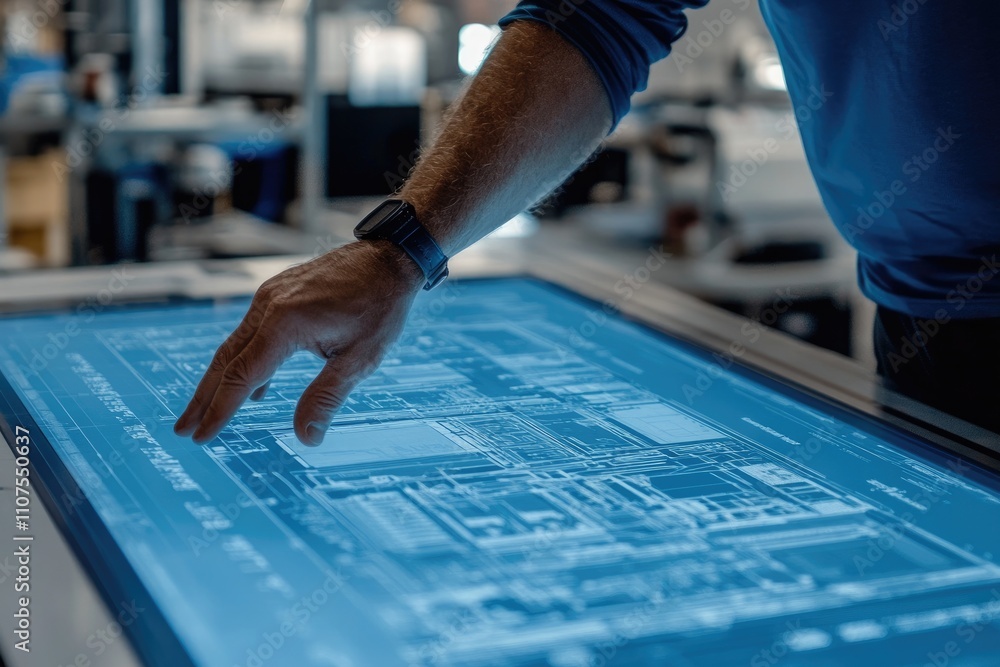 Industrial engineer working with interactive digital touchscreen table ...