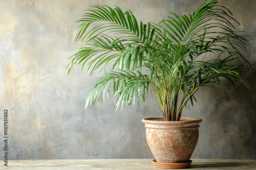 Fototapeta premium A single parlor palm plant in a gray planter stands out on a white background.