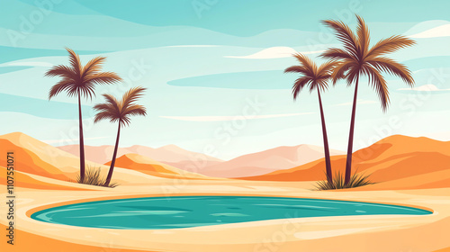 Landscape background serene desert oasis featuring small pool of water surrounded by palm trees and sandy dunes, evoking sense of tranquility and natural beauty