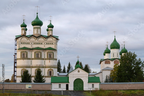 At the entrance to the old Nikolo-Vyazhischsky monastery on a cloudy October morning. Neighborhood of Veliky Novgorod, Russia photo