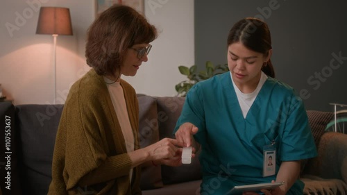 Wallpaper Mural Female nurse in medical scrubs talking with senior woman about her pills while sitting on couch in living room during home care visit Torontodigital.ca