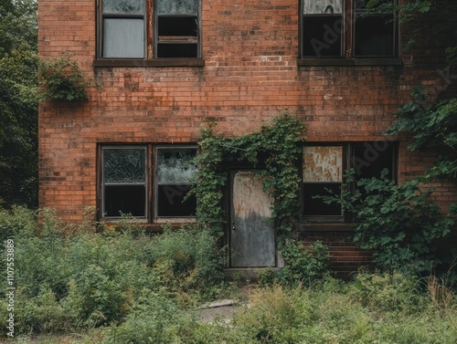 Deserted residential buildings with broken windows and overgrown yards, abandoned and forgotten photo