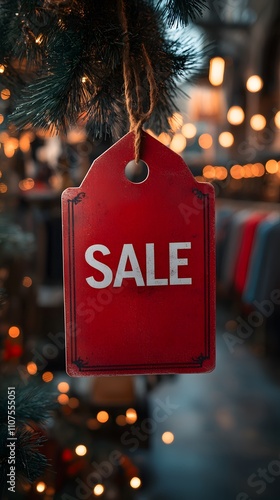 Red sign with white word 'SALE' hanging in retail store against blurred background of clothes and lights, signifying retail sales, discounts and promotions in a stylish shopping environment. photo