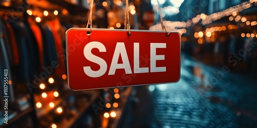 Red sign with white word 'SALE' hanging in retail store against blurred background of clothes and lights, signifying retail sales, discounts and promotions in a stylish shopping environment. photo