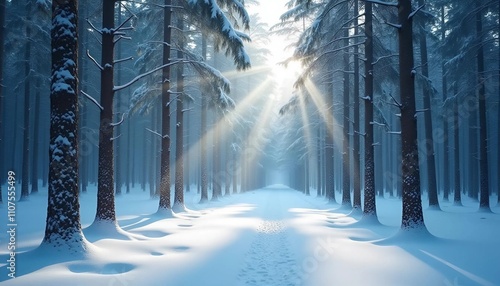 A snow-covered path with soft footsteps leading through a serene winter forest, subtle texture of snow and frost, minimal yet peaceful photo