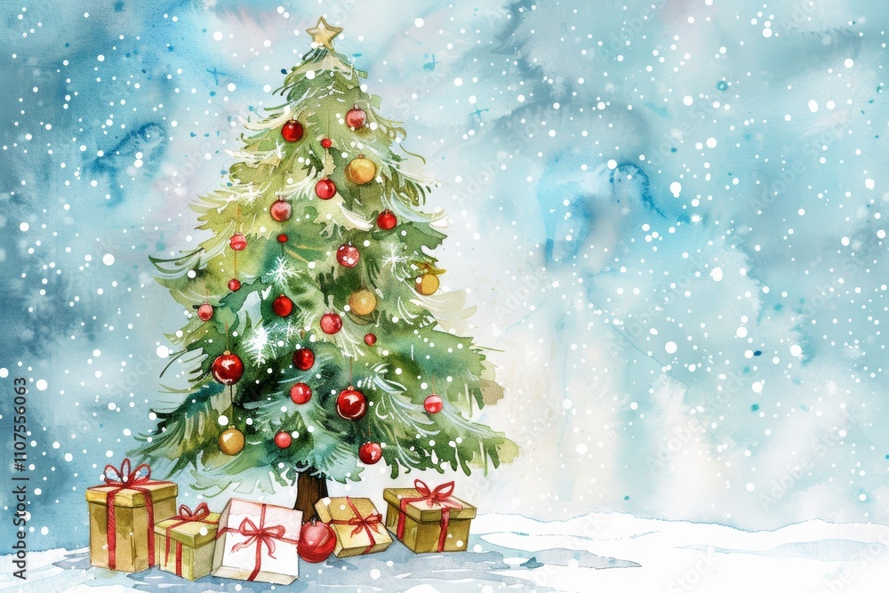 Obraz premium Watercolor christmas tree with snow and gifts