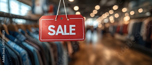 Red sign with white word 'SALE' hanging in retail store against blurred background of clothes and lights, signifying retail sales, discounts and promotions in a stylish shopping environment. photo