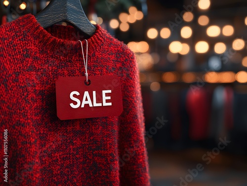 Red sign with white word 'SALE' hanging in retail store against blurred background of clothes and lights, signifying retail sales, discounts and promotions in a stylish shopping environment. photo