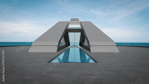 Abstract building with empty parking, concrete floor, and sea view. 3D rendering car scene background.