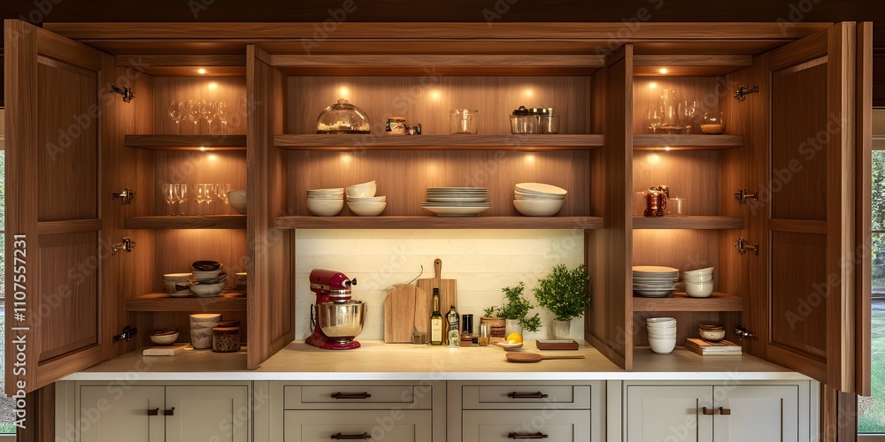 A modern kitchen cabinet with organized shelves and warm lighting, showcasing dishware and decor. A modern kitchen cabinet with organized shelves and warm lighting, showcasing dishware and decor.
