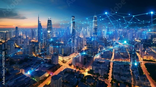 Wallpaper Mural A vibrant city skyline at dusk with digital connections symbolizing technology and innovation. Torontodigital.ca