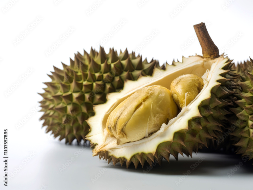 Obraz premium Close-up of a ripe durian fruit, partially opened revealing creamy yellow flesh and seeds against a white background.