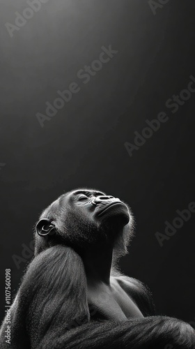 A black-and-white portrait of a gorilla gazing upwards, evoking a sense of contemplation. photo