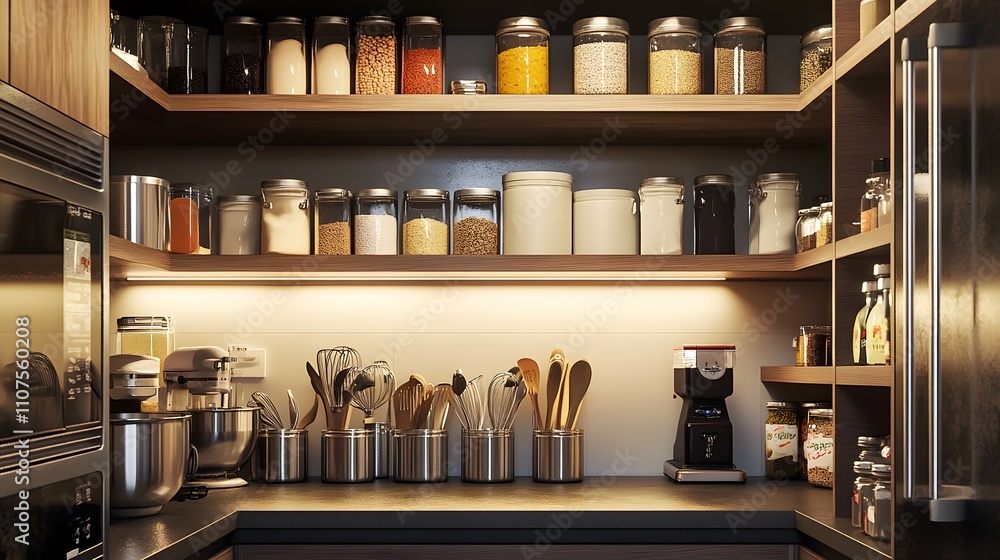 custom made wallpaper toronto digitalA modern kitchen pantry filled with jars, utensils, and appliances for cooking and baking.