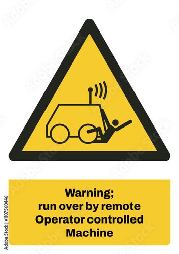 ISO warning safety signs sentence case text_warning ; run over by remote operator controlled machine_portrait size a4/a3/a2/a1	 
 photo