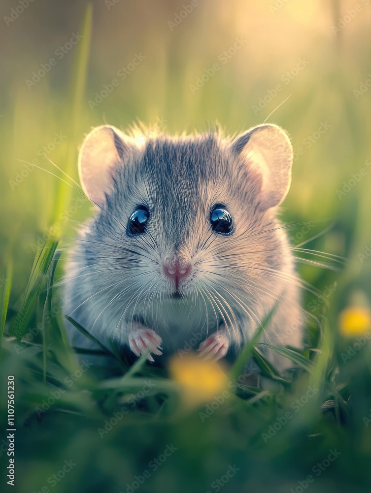 A close-up of a cute mouse sitting in green grass, showcasing its large eyes and tiny features. A close-up of a cute mouse sitting in green grass, showcasing its large eyes and tiny features.