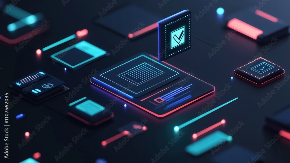 Fototapeta premium Register approval concept. Futuristic digital interface with glowing elements in blue and red, representing technology and data processing.