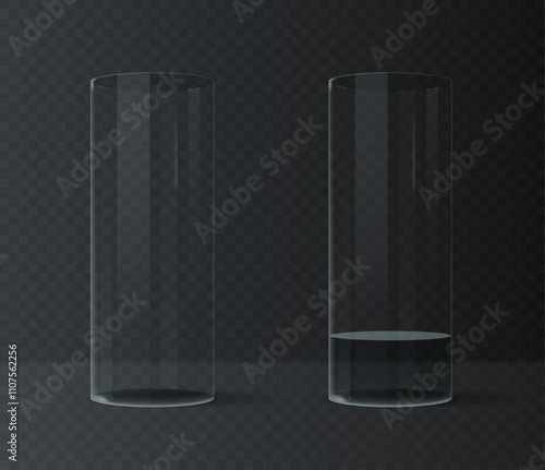 Empty and filled realistic glasses for water, juice or milk isolated on dark background. Vector 3d illustration.