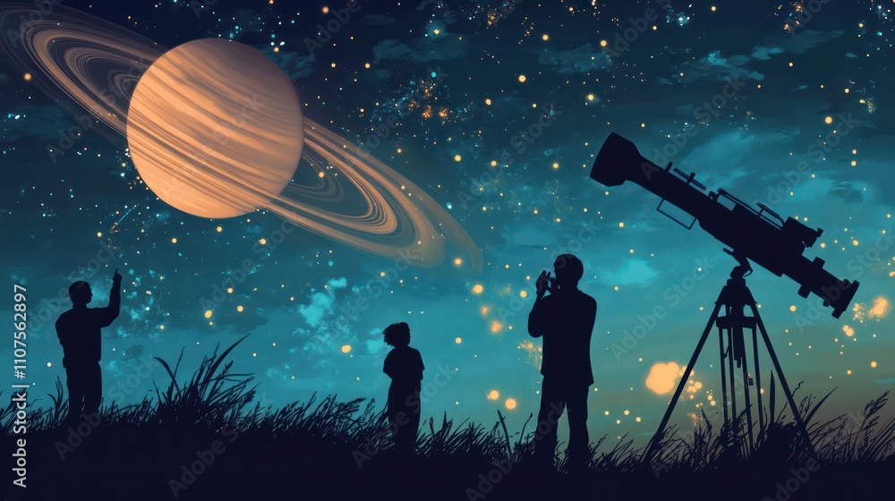 Naklejka premium A planetary observation session with astronomers tracking the movement of planets through a high-powered telescope