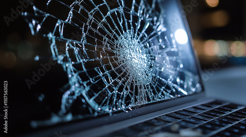 A broken laptop display screen with a crack in the glass is isolated for repair, damageg from a crash, showcasing the need for modern technology maintenance in business. photo