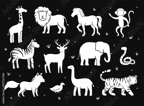 Animal Silhouettes Featuring Wildlife, Jungle Animals, Tiger, Horse, Lion, Monkey, Deer, Fox, Zebra, snakes, Dinosaurs, and Birds - Perfect for Graphic Design, and Digital Art Projects. photo