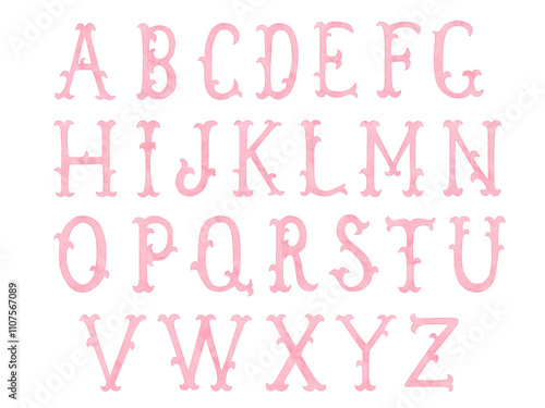 Watercolor vintage pink alphabet, letters for crest design