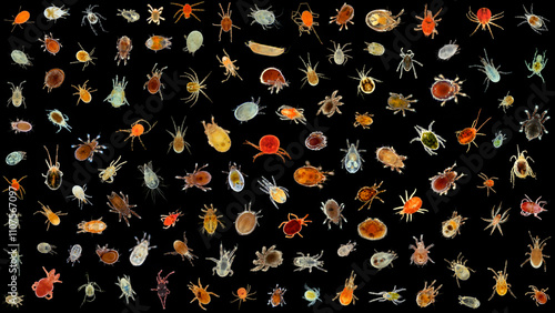 Fotografie Collection of mites acari under a microscope