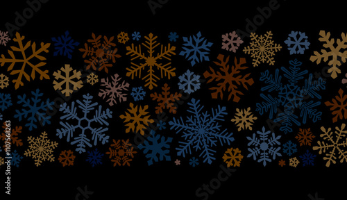 A vibrant array of snowflakes in gold, brown, and blue tones displayed against a deep black backdrop. Ideal for seasonal designs, holiday cards, and festive decorations.