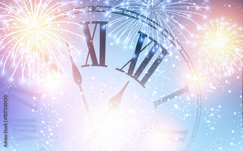 Vector illustration of a New Year clock nearing midnight surrounded by vibrant fireworks and festive sparkles in a colorful sky.