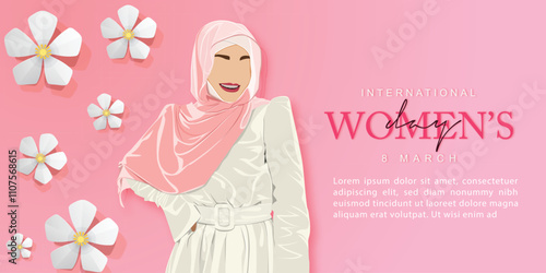 8 March. International Women's Day greeting card. Paper art white flowers, woman portarit with pink background photo